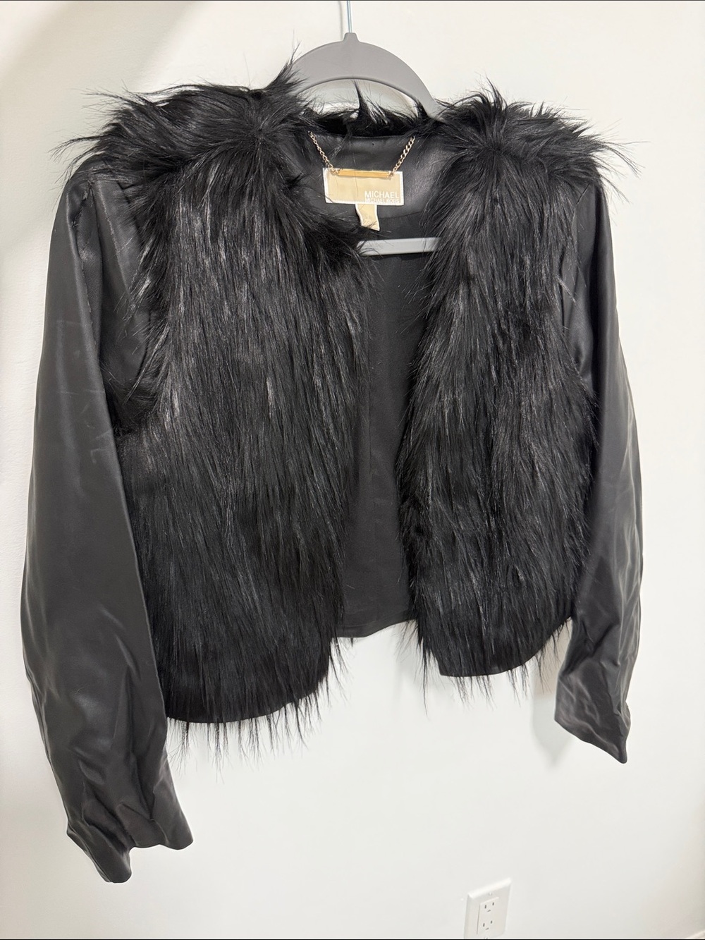 Michael Kors Black Faux-Fur & Leather Trim Jacket